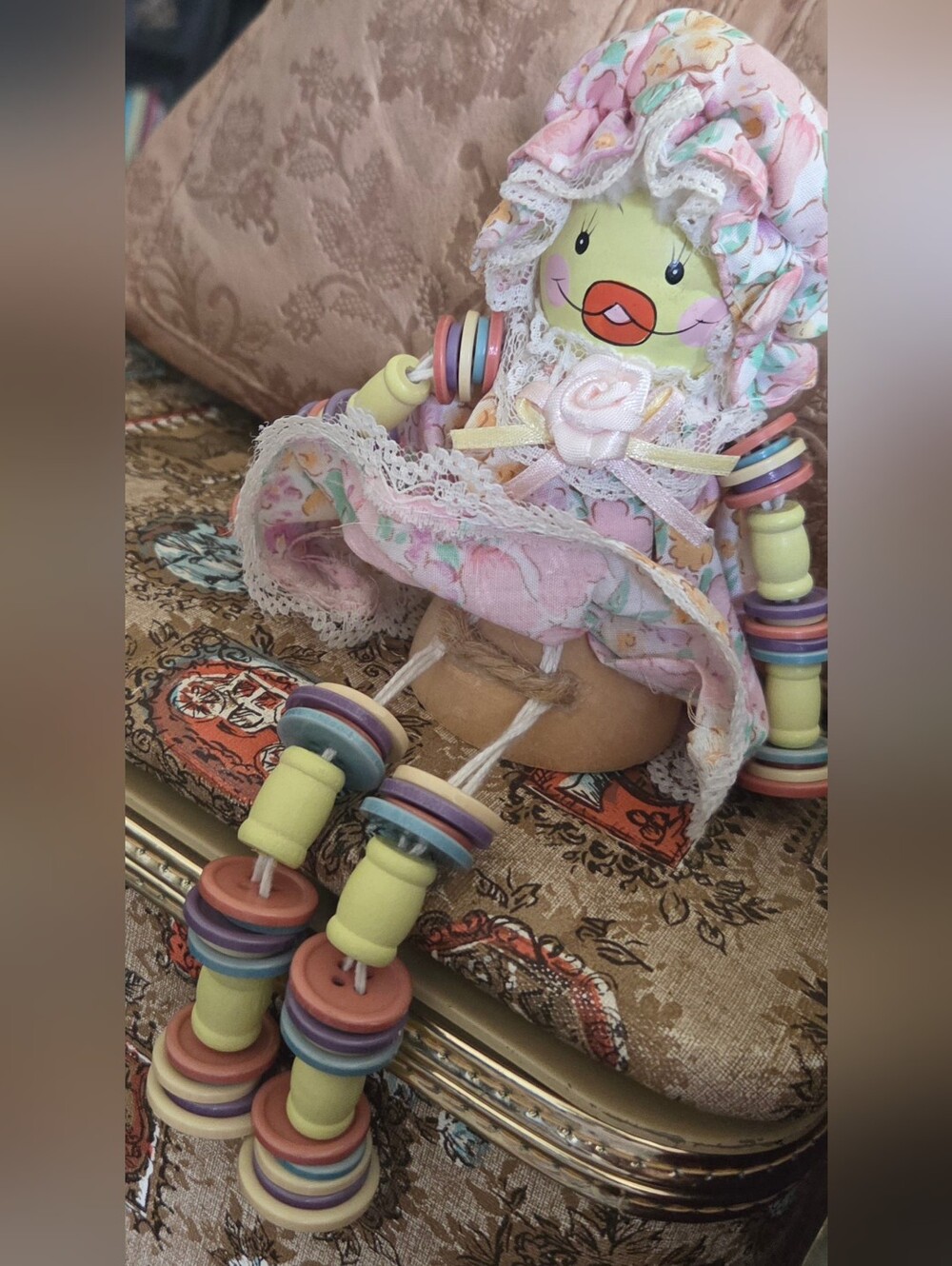 Adorable Vintage Hand Painted Button And Spool Doll